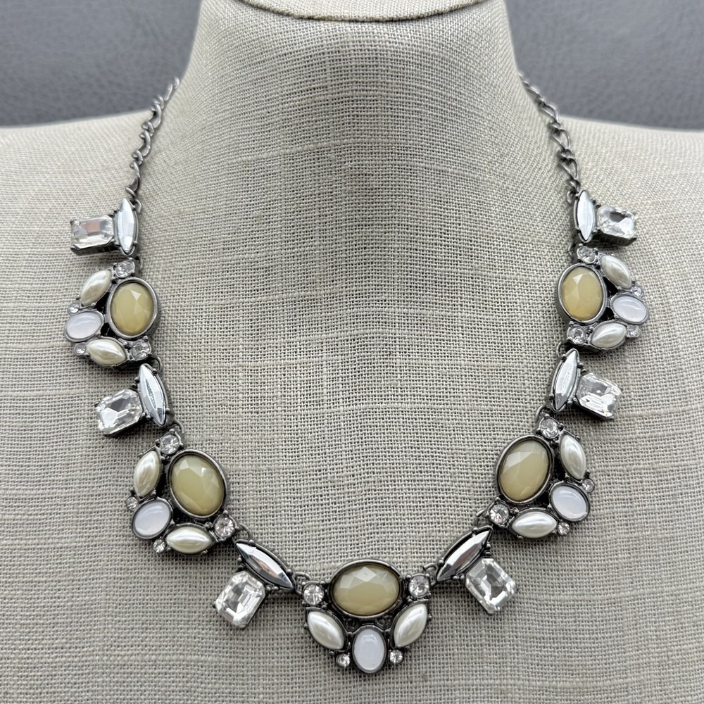 LOFT Statement Necklace Crystal Faux Pearl Oval Stones Gunmetal Chain 18 Inch